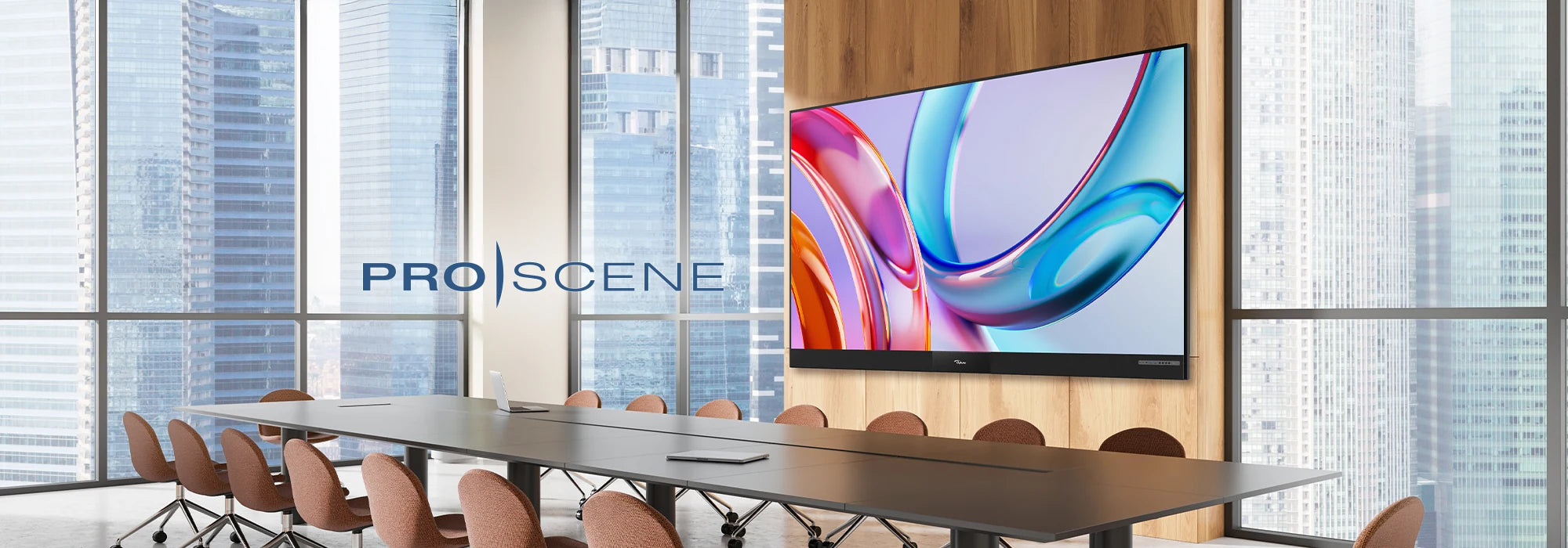 Large-format LED display in a contemporary meeting room.