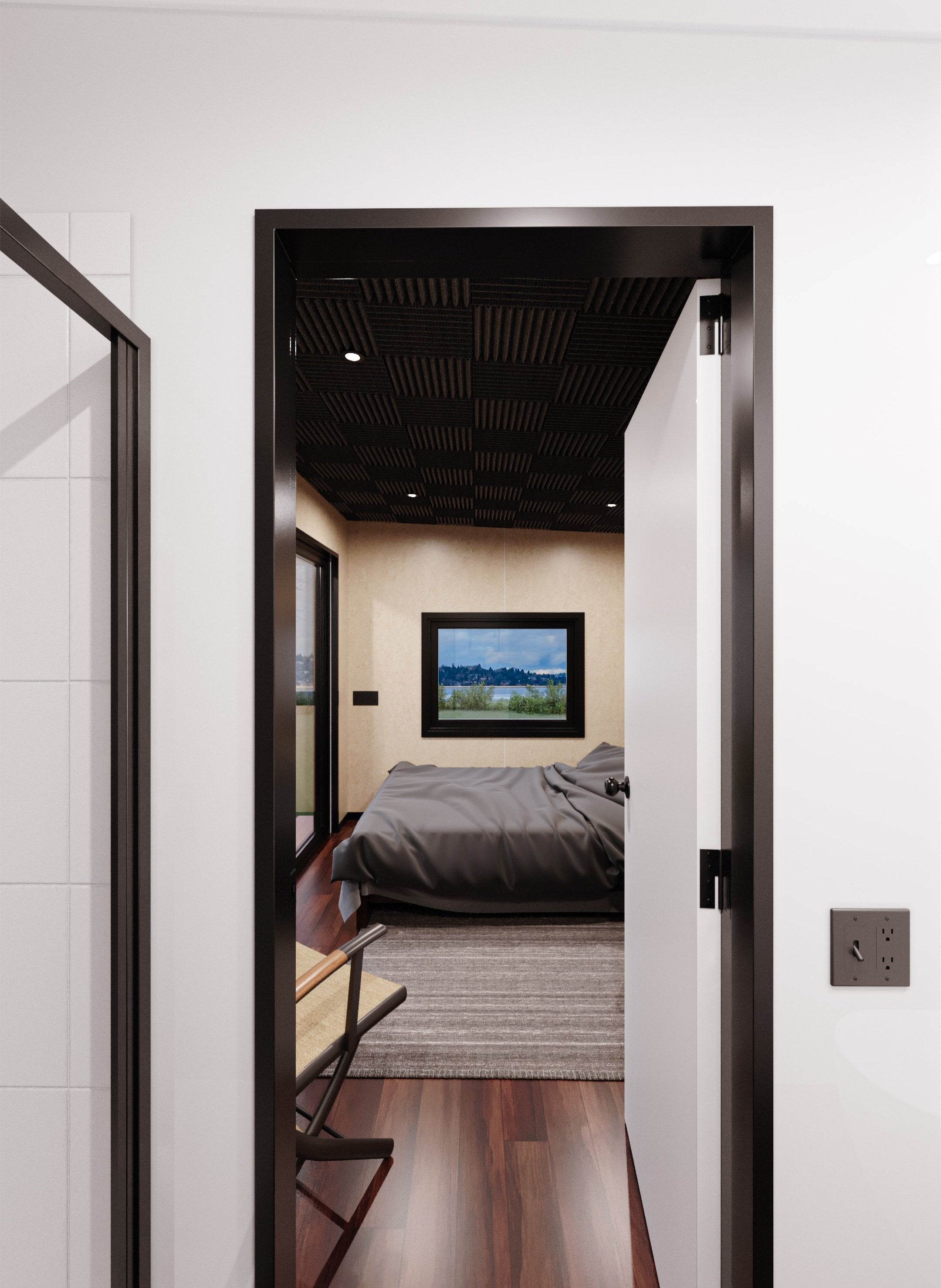 View through the Sixteen BnB bathroom doorway toward the guest bedroom