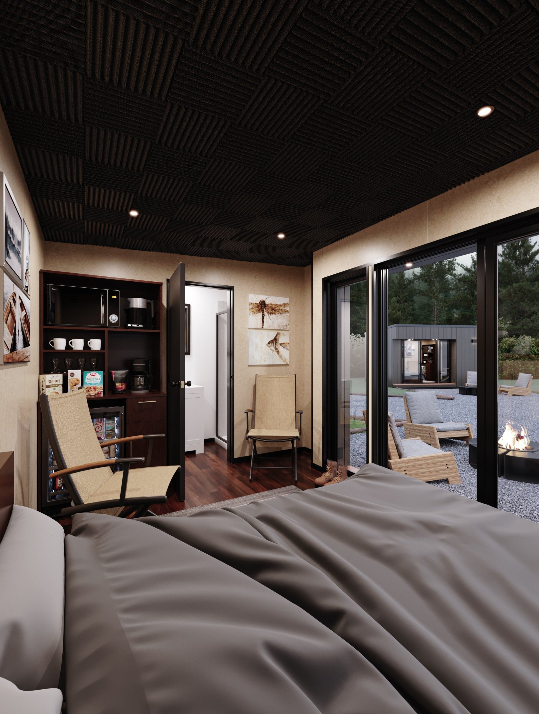 Furnished guest bedroom and dry kitchenette