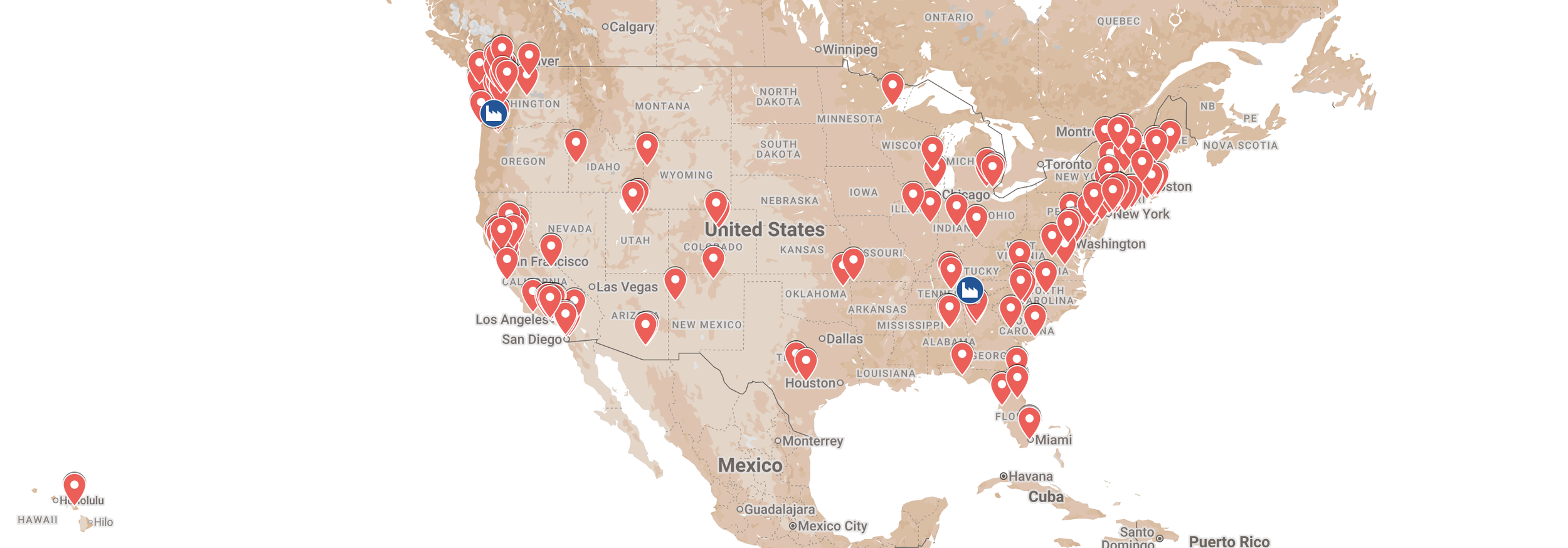 Supplier map showing Mini-O installation examples across the United States