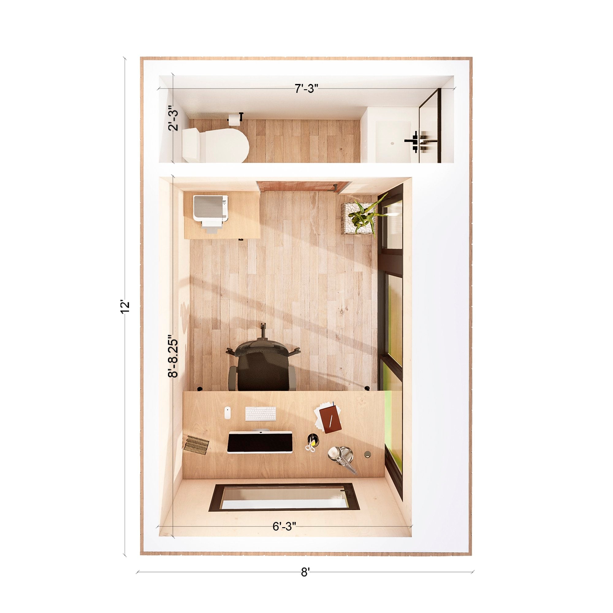 Home office with half bathroom