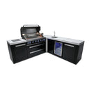 L-shaped black stainless outdoor kitchen island with grill, sink and beverage refrigerator