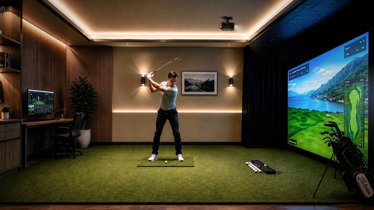 Golf simulator in a warm, wood-panelled home game room