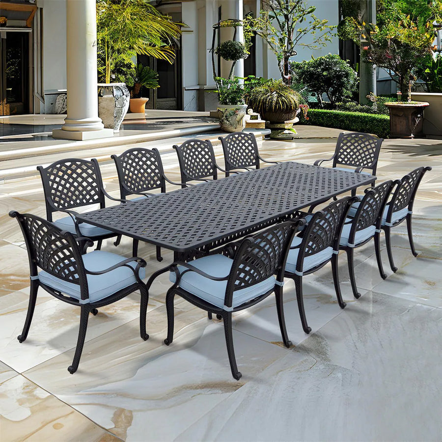 Nassau 11 Pc Cast Aluminum Dining Set w/ 92 X 42 Inch Series 30 Extension Table in Antique Bronze/Sesame by Darlee