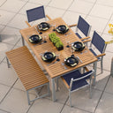 Oxford Garden Travira 6 Piece Flint Aluminum Patio Dining Set W/ Ink Pen Sling Armchairs, 63-Inch Rectangular Natural Tekwood Table & Backless Bench