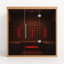Lumin Three infrared sauna front view with glowing far-infrared heaters