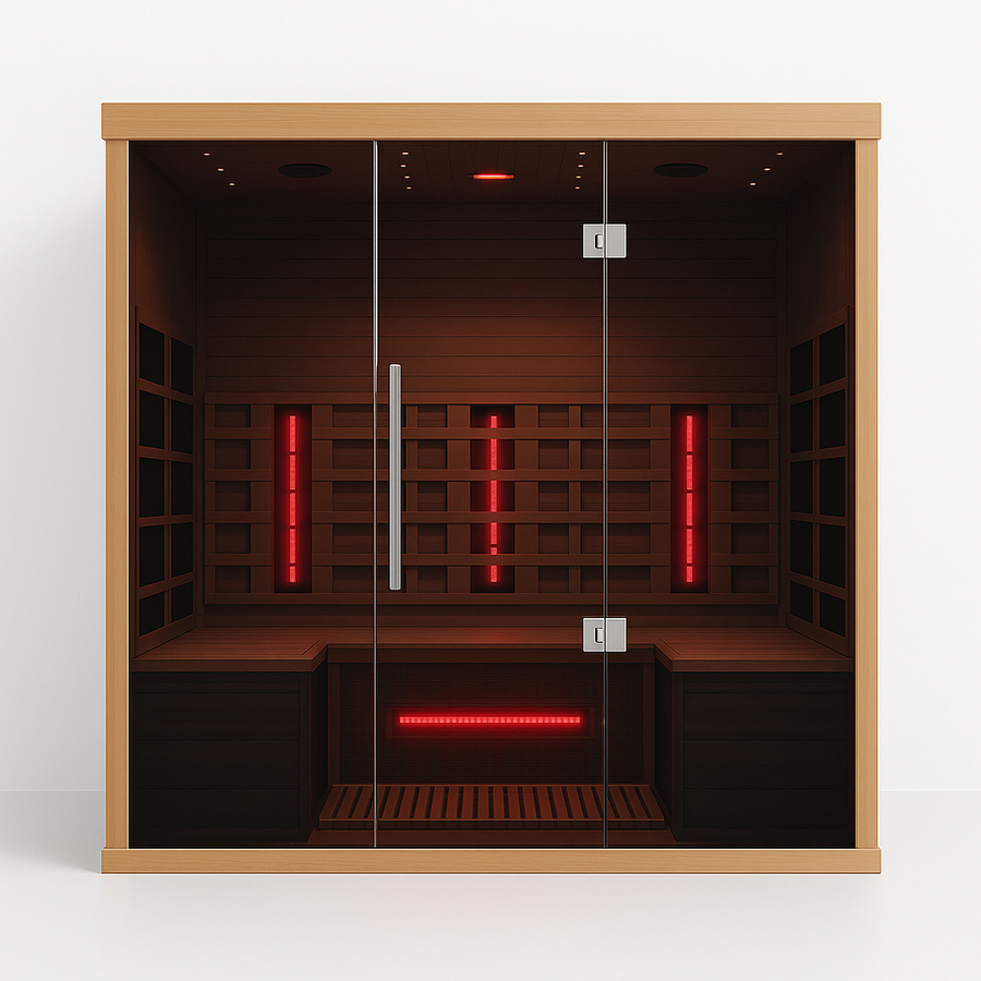 Lumin Three infrared sauna front view with glowing far-infrared heaters