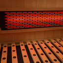 Close-up of Lumin Three far-infrared heater panel and bench