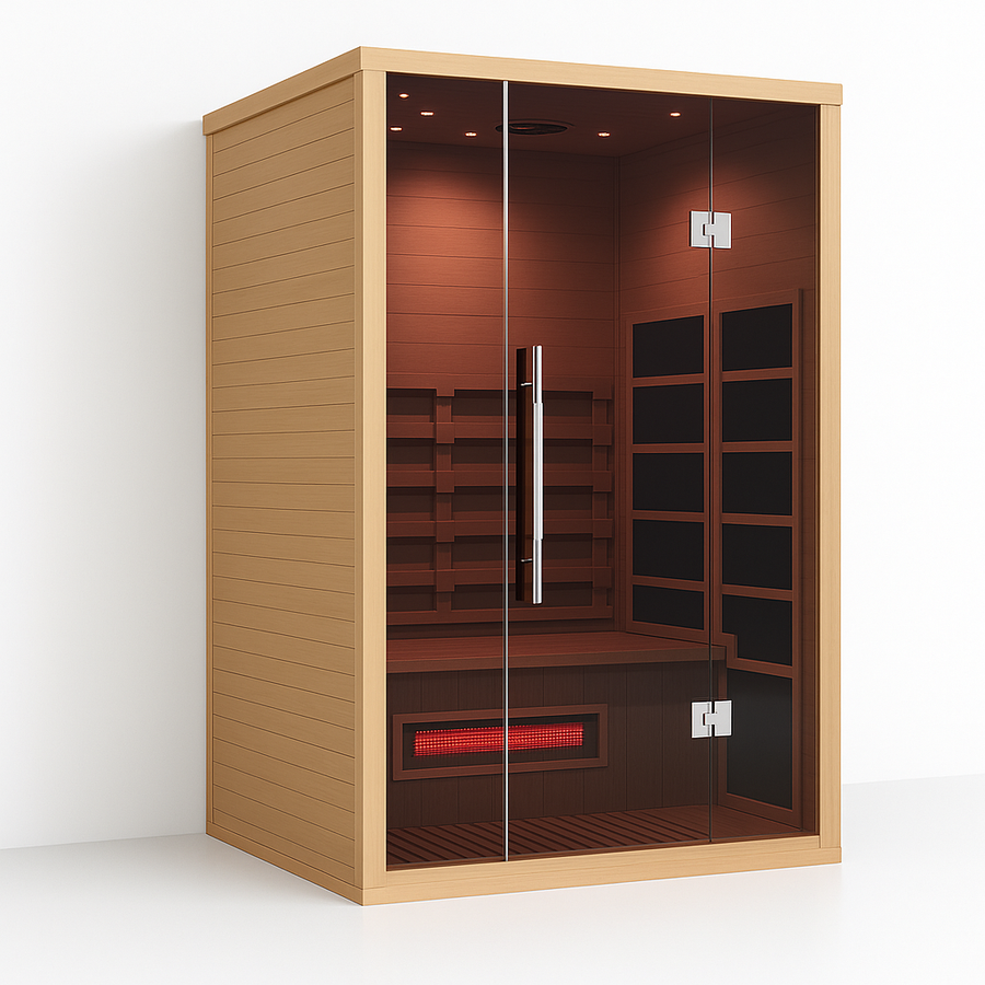 Lumin Two infrared sauna angled view in Canadian Hemlock wood