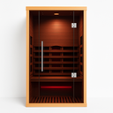 Lumin One infrared sauna front view with glowing far-infrared heaters