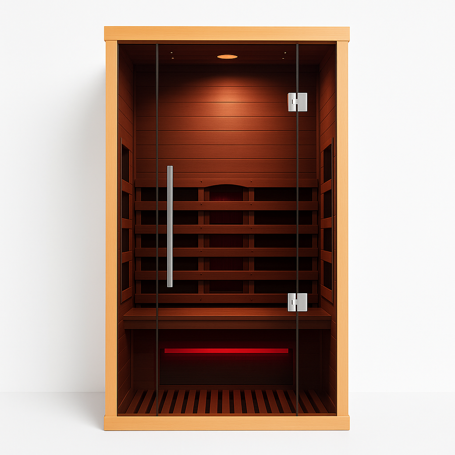 Lumin One infrared sauna front view with glowing far-infrared heaters