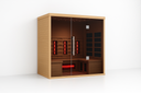 Lumin Three infrared sauna angled view in Canadian Hemlock wood