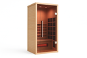 Lumin One infrared sauna three-quarter angled view in Canadian Hemlock