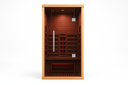 Lumin One infrared sauna front view showing interior heaters and bench