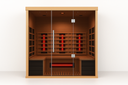 Lumin Three infrared sauna front view showing interior heaters and bench