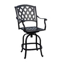 Ocean View 7 Pc Cast Aluminum Counter Height Fire Pit Dining Set w/ 60 Inch Round Signature Table in Antique Bronze/Sesame by Darlee