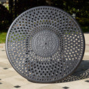 Ocean View 7 Pc Cast Aluminum Counter Height Fire Pit Dining Set w/ 60 Inch Round Signature Table in Antique Bronze/Sesame by Darlee
