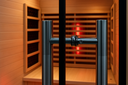 Close-up of Lumin One sauna stainless steel door handle and interior