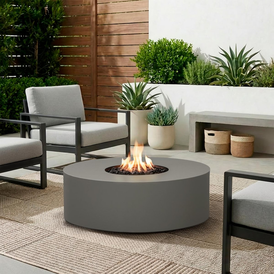 Covewood 41-in Round Aluminum Propane Fire Pit Table in Charcoal by BBQGuys Signature