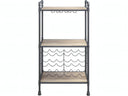 ACME Brantley freestanding wine bottle and glass rack, antique oak composite wood shelves and sandy gray metal frame, 18-bottle capacity