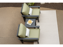 Overhead view of two Berlin Gardens Camden lounge chairs with sage green cushions and a side table