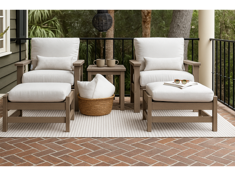 Two Berlin Gardens Camden lounge chairs with ottomans and white cushions on a brick porch