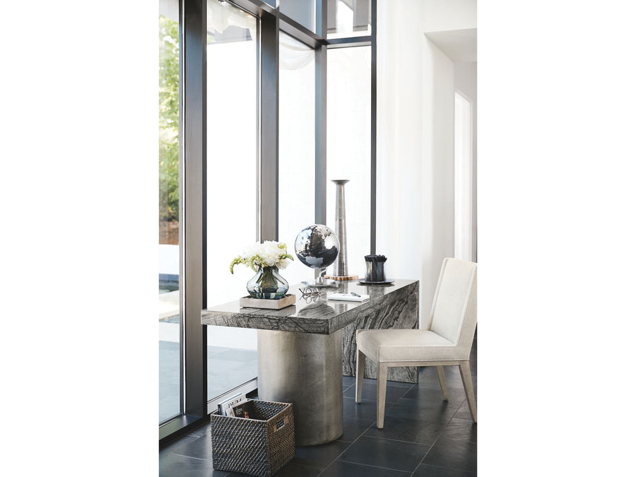 Bernhardt Linea home office set, Black Forest marble Graphite desk and Cerused Greige upholstered side chair