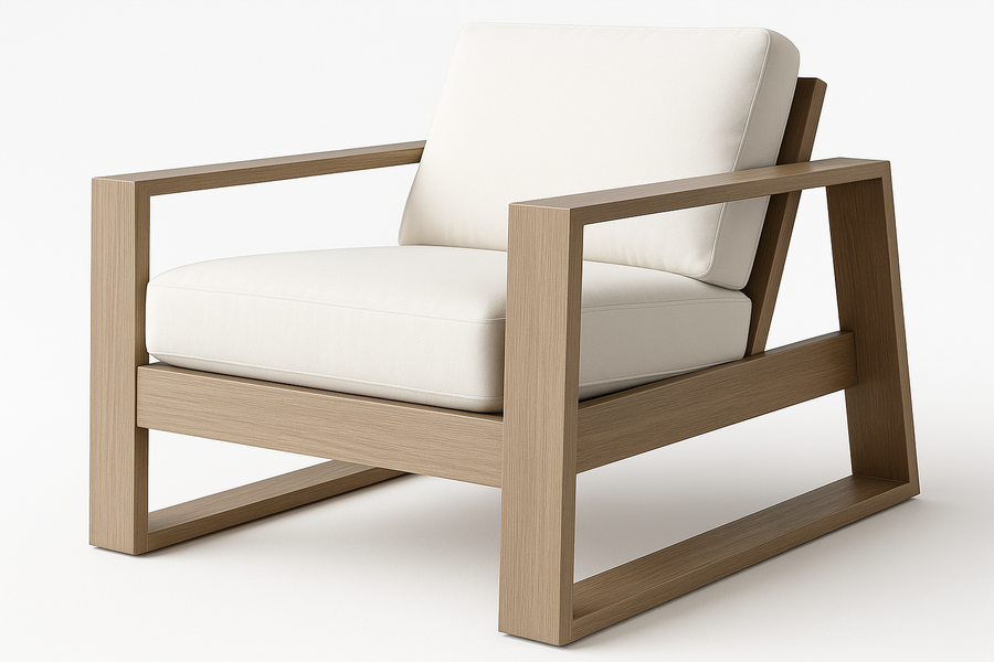 Ebel Novara aluminum lounge chair, natural wood-grain frame with white cushions, front angled view