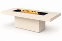 EcoSmart Gin 90 dining-height fire table in bone, single pedestal base with black burner tray and linear bio-ethanol flame, angled view