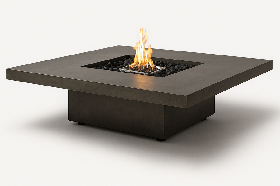 EcoSmart Vertigo 40 square concrete gas fire table with lit flame and black lava rock, angled view