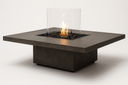 Vertigo 40 fire table with flame and glass wind guard, angled view