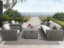 Ebel Mia wicker outdoor fire pit lounge set with a sofa, two cushioned lounge chairs and Bellino rectangular fire pit