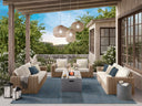 Ebel Mia fire pit lounge set, two wicker sofas, two lounge chairs, rectangular fire pit and end table