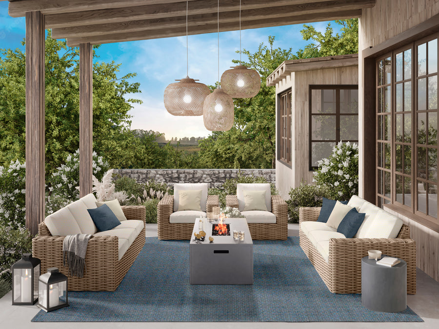 Ebel Mia fire pit lounge set, two wicker sofas, two lounge chairs, rectangular fire pit and end table