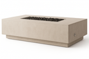 Four Hands Kenton natural concrete rectangular fire table with black lava rock, angled view