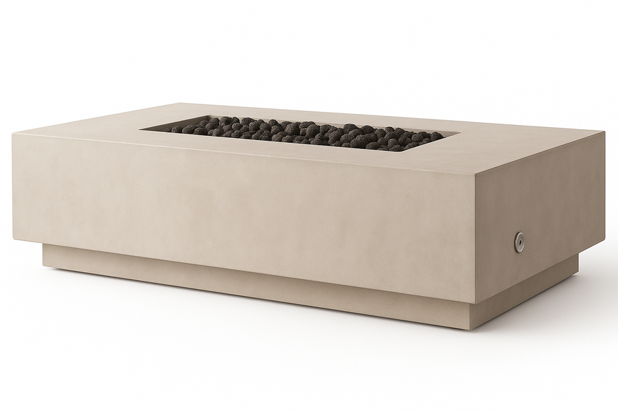 Four Hands Kenton natural concrete rectangular fire table with black lava rock, angled view