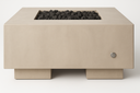 Kenton concrete fire table end view showing plinth feet and side ignition button