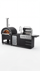 3-Piece Black Stainless Steel Outdoor BBQ Kitchen Grill Island w/ Refrigerator, Sink, Pizza Oven