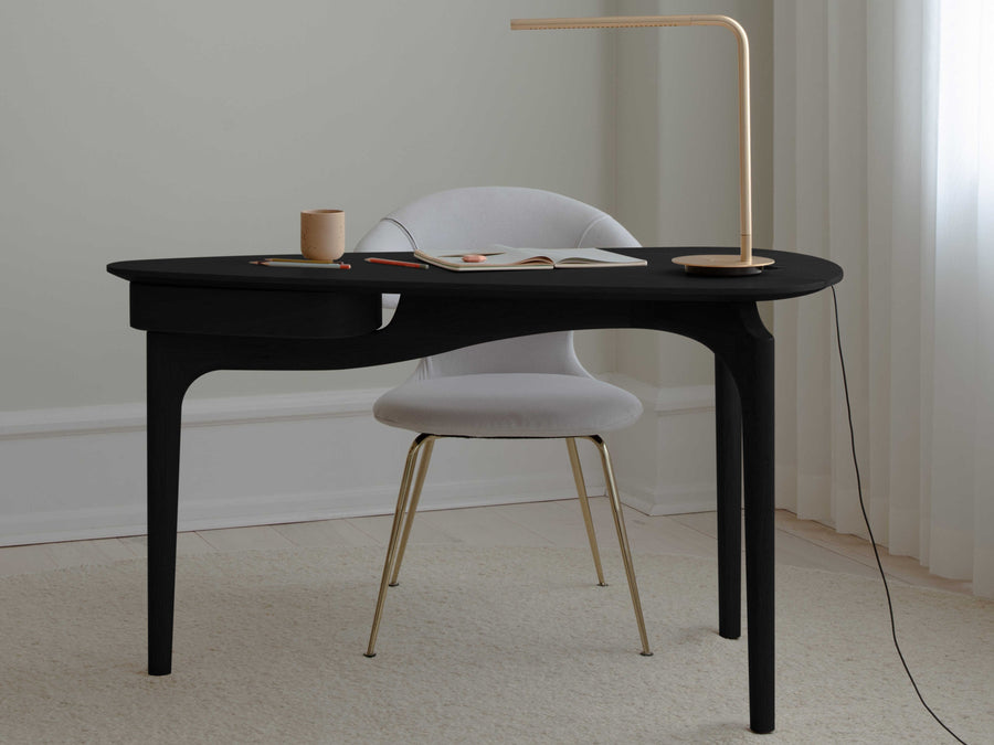 UMAGE Duende Home Office Set, Black Oak desk and Time Flies brass upholstered seating
