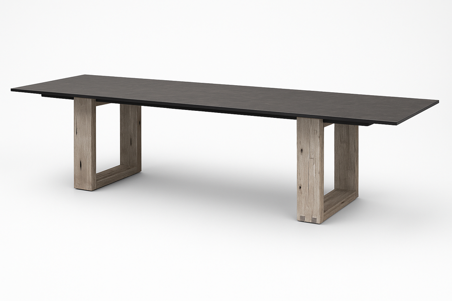 Mamagreen Aiko rectangular outdoor dining table with slate top and reclaimed teak leg frames