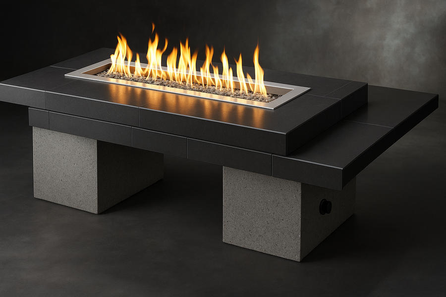 Outdoor GreatRoom Uptown Linear gas fire pit table with lit flames, black tile top and granite pedestal legs, angled view