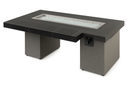Uptown Linear fire table with clear fire glass media in the burner, unlit angled view