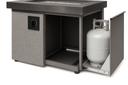 Close-up of the Uptown fire table base with access door open showing hidden propane tank on slide-out tray