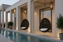 Two black Alu-Rattan Sika Design hanging egg chairs on a modern poolside patio at dusk