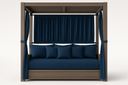 Sunset West Laguna Resort King Daybed, front view with navy blue Sunbrella curtains and cushions, driftwood aluminum frame