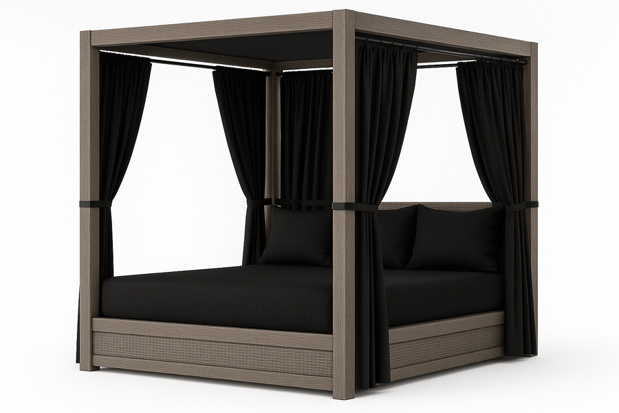 Sunset West Laguna King Lounge Bed, driftwood aluminum canopy daybed with black curtains and cushions, angled view