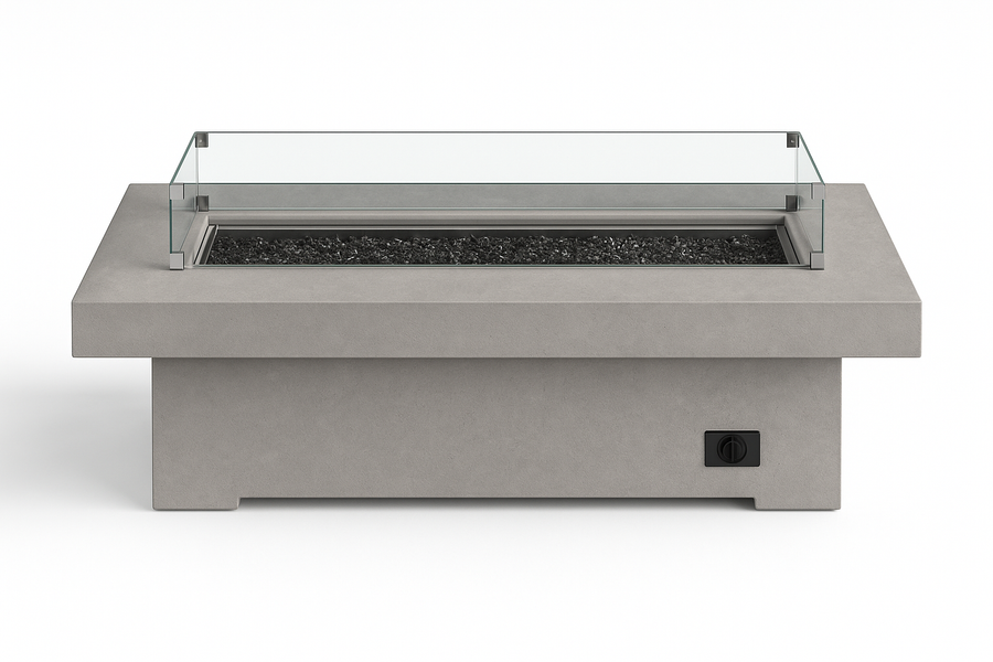 Gravelstone concrete fire table showing the linear burner filled with fire glass media