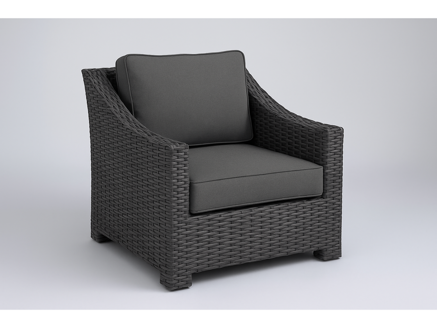 Teva Bora Bora grey wicker rattan club chair with grey cushions, three-quarter front view