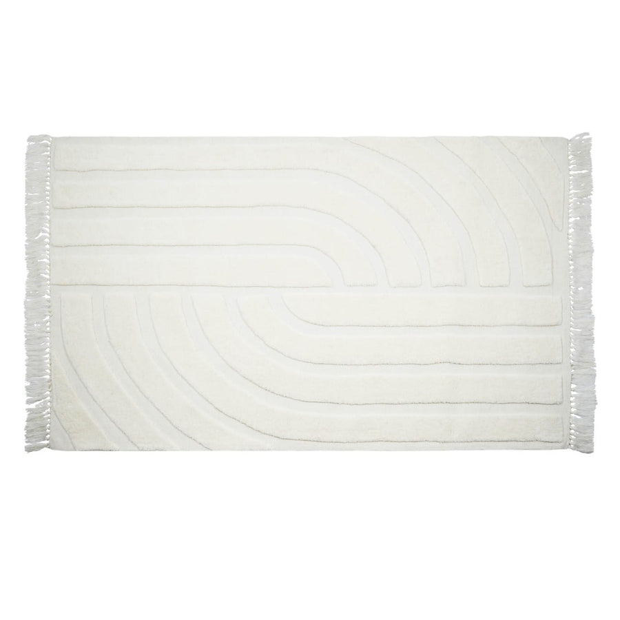 Loop white 5 by 8 hand tufted wool rug with raised arch pattern and fringe