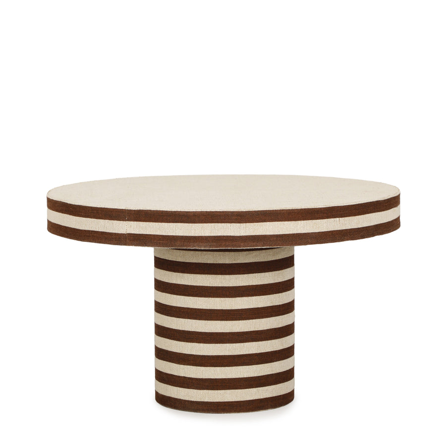 Lyra 30-inch brown striped cotton jute round pedestal coffee table